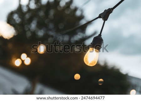 Close-up of a single hanging string light with a blurred background of warm tones at dusk.