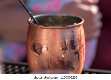 Closeup Of A Single Moscow Mule Drink In Copper Mug