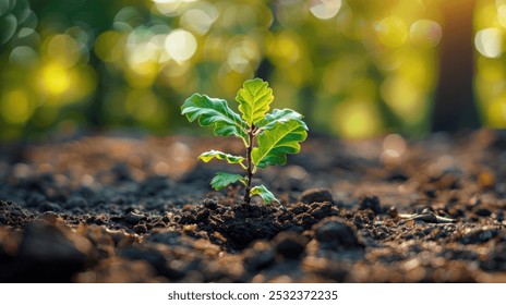 A close-up of a single oak sapling with green leaves growing in rich soil against a backdrop of blurred sunlight and trees. - Powered by Shutterstock