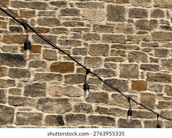 Close-up of a single outdoor string light bulb hanging from a wire against a brick wall. Ideal for themes of outdoor lighting, backyard decor, evening ambiance, patio design, and minimalist lighting concepts.
