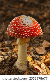 close-up of a single red with white dotts fly agaric fungus 