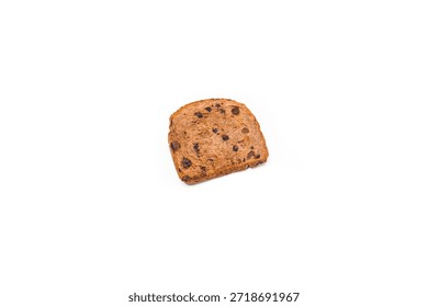 Close-up of a single slice of fruit bread with a soft, golden-yellow crumb studded with plump, dark raisins. The artisanal loaf features a lightly browned, rustic crust, perfect for breakfast, brunch, or snack-themed culinary content.