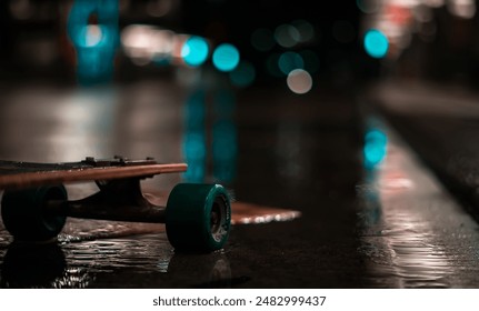 Close-up of a skateboard on a wet street at night, with blurred city lights in the background. - Powered by Shutterstock