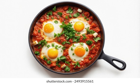 A close-up of a skillet containing shakshuka, a traditional Middle Eastern dish made with eggs poached in a spicy tomato sauce, topped with fresh parsley. - Powered by Shutterstock