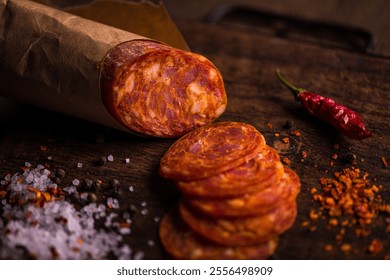 Close-Up of Sliced Spicy Chorizo on Rustic Wooden Board - Powered by Shutterstock