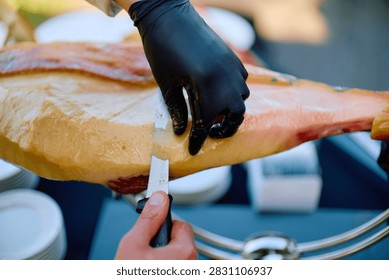 Close-up of Slicing Jamón Serrano