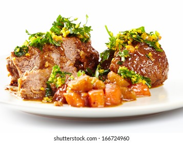 Closeup Of Slow Cooked Shin Beef With Orange Gremolata, Isolated On White Background