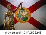 Close-up of a small bronze statuette of Lady Justice before a flag of Florida.