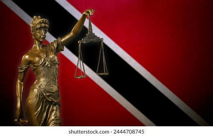 Close-up of a small bronze statuette of Lady Justice before a flag of Trinidad and Tobago.