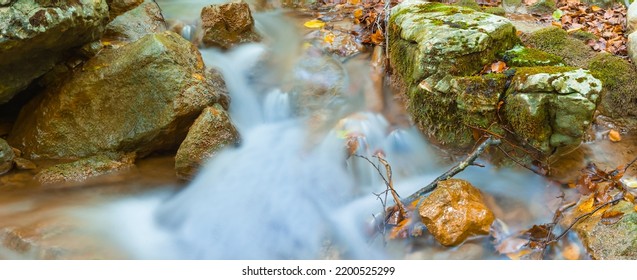 Closeup Small Brook Rushing Through The Mountain Canyon, Autumn Mountain River Scene