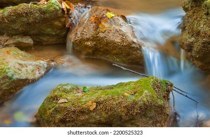 Closeup Small Brook Rushing Through The Mountain Canyon, Autumn Mountain River Scene