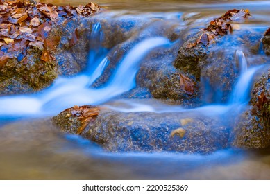 Closeup Small Brook Rushing Through The Mountain Canyon, Autumn Mountain River Scene