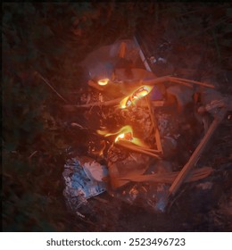 A close-up of a small fire burning among sticks and debris in a natural outdoor setting. The flames glow intensely, illuminating nearby branches and creating a contrast against the dark background - Powered by Shutterstock