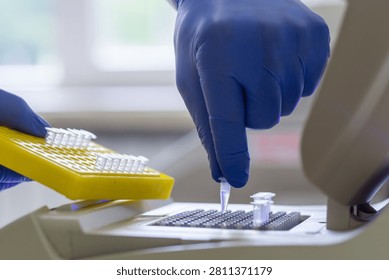 Close-up of small test tubes with samples being placed into a laboratory apparatus for PCR analysis.