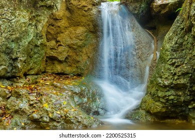 Closeup Small Waterfall In Mountain Canyon, Autumn Mountain River Scene