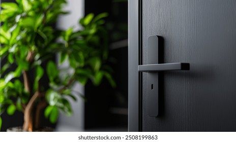 A close-up of a smart door lock on a modern black metal door. The smart lock on a black metal door adds a touch of security to urban living.