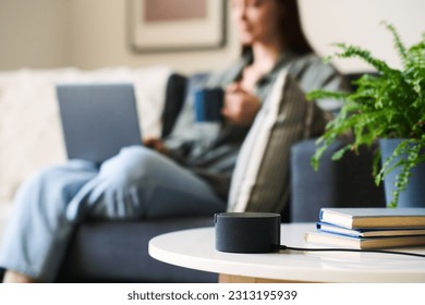 Close-up of smart speaker standing on table in the room with woman using laptop sitting on sofa in background