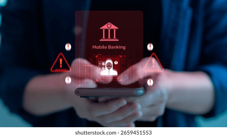 Close-up of smartphone with red warning interface showing hacker alert on mobile banking system, representing cyber threat, financial fraud, online security risk, and digital identity theft.