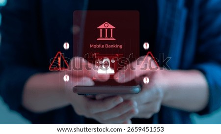 Close-up of smartphone with red warning interface showing hacker alert on mobile banking system, representing cyber threat, financial fraud, online security risk, and digital identity theft.