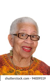 Closeup Of Smiling Elderly African American Woman Wearing Black Rimmed Glasses Isolated On White