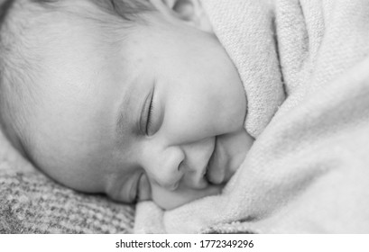 Close-up Smiling Face Of Newborn Sleeping Baby Girl Lying On Stomach Covered Wrapped In Warm Soft Blanket. Black And White Copy Space