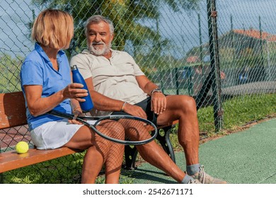 closeup smiling senior tennis player engages in a friendly conversation with his partner while seated on a bench during a match break - Powered by Shutterstock