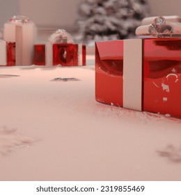 closeup of a snow floor, shiny wrapped christmas gifts with ribbon and christmas tree in background, realistic digital art 4k, beautiful snow, highly detailed gifts, reflective red tones, mecha floor, reflective sparkles, design milk, detailed snow,