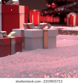 closeup of a snow floor, shiny wrapped christmas gifts with ribbon and christmas tree in background, realistic digital art 4k, beautiful snow, highly detailed gifts, reflective red tones, mecha floor, reflective sparkles, design milk, detailed snow,