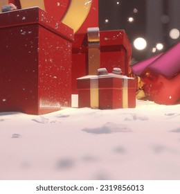 closeup of a snow floor, shiny wrapped christmas gifts with ribbon and christmas tree in background, realistic digital art 4k, beautiful snow, highly detailed gifts, reflective red tones, mecha floor, reflective sparkles, design milk, detailed snow,