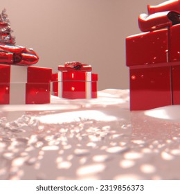 closeup of a snow floor, shiny wrapped christmas gifts with ribbon and christmas tree in background, realistic digital art 4k, beautiful snow, highly detailed gifts, reflective red tones, mecha floor, reflective sparkles, design milk, detailed snow,