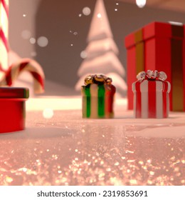 closeup of a snow floor, small candy canes and shiny wrapped christmas gifts with ribbon and christmas tree in background, realistic digital art 4k, beautiful snow, high detail, reflective red tones, mecha floor, reflective sparkles, design milk, detailed