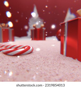 closeup of a snow floor, small candy canes and shiny wrapped christmas gifts with ribbon and christmas tree in background, realistic digital art 4k, beautiful snow, high detail, reflective red tones, mecha floor, reflective sparkles, design milk, detailed