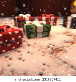 closeup of a snow floor, wrapped christmas gifts with christmas decorations and christmas tree in background, realistic digital art 4k, beautiful snow, highly detailed gifts, red and green tones, design milk, detailed snow, direct glaze, product showcase,