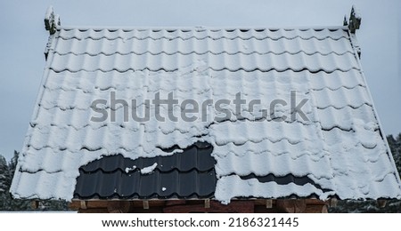 Close-up of snow on a tiled roof.