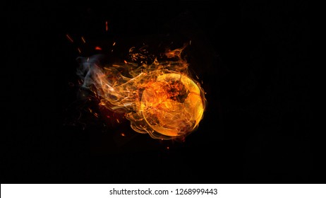 Close-up Soccer Ball In Fire On Dark Background. The Football, Sport, Goal, Game, Speed Concept