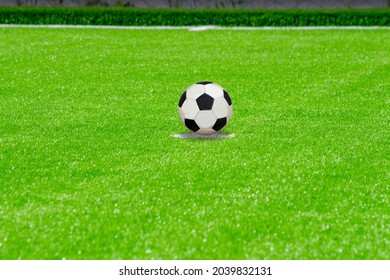 Closeup Soccer Ball Placed At A Penalty Shootout On Artificial Grass In Soccer Field.