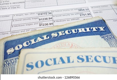 Closeup Of Social Security Cards And W2 Wage Form