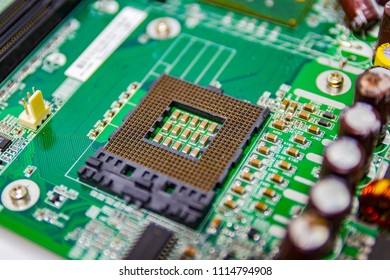 closeup socket for installation of the processor on the motherboard, the concept of computer technology