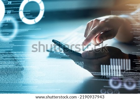 Closeup software developer hands working on phone, typing program code. Digital future SSL language with genius information technology support freelancer writing javascript or UX or UI security data