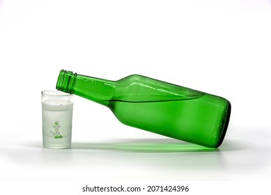 Close-up Of Soju Bottle And Soju Glass