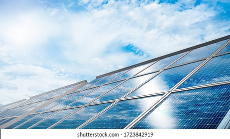 Close-up of Solar cell farm power plant eco technology.landscape of Solar cell panels in a photovoltaic power plant.concept of sustainable resources.