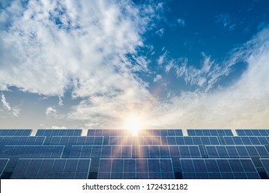 Close-up Of Solar Cell Farm Power Plant Eco Technology.landscape Of Solar Cell Panels In A Photovoltaic Power Plant.concept Of Sustainable Resources.