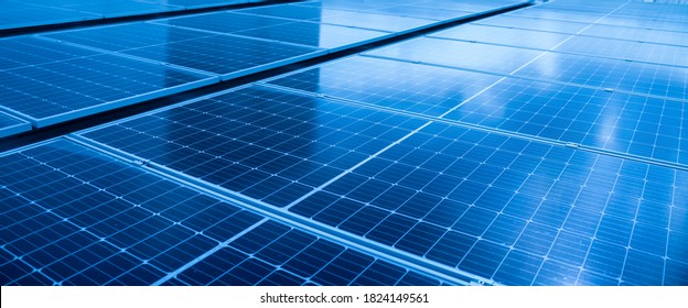 Close-up Of Solar Cell Farm Power Plant Eco Technology.landscape Of Solar Cell Panels In A Photovoltaic Power Plant.concept Of Sustainable Resources And Renewable Energy.blue Tone.