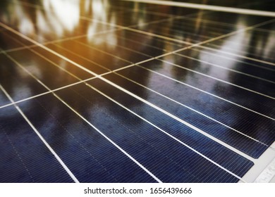 Closeup Of A Solar Panel Erected In An Agricultural Farm For Pumping Water To Irrigate Crops. Atmanirbhar Bharat. Make In India.                               