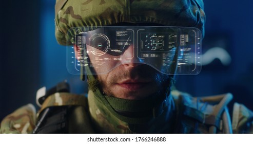 Close-up Of A Soldier Using High-tech Sunglasses With Holographic Display