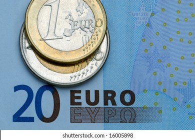 Close-up of some euros - banknote and coins.