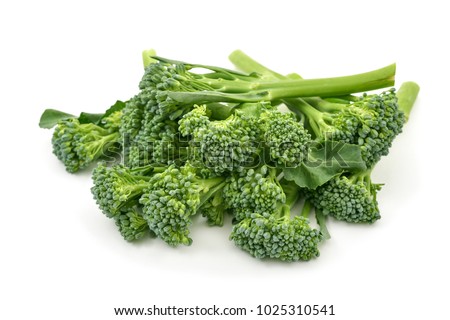 closeup of some stems of broccolini on a white background
