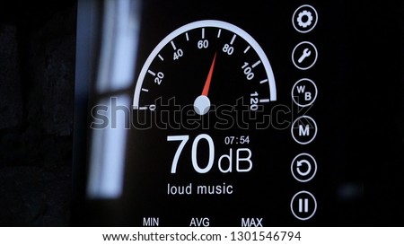Close-up of sound level meter screen in decibels. Modern electronic sound meter around