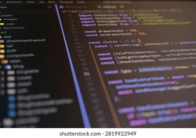 Close-up of source code in a modern code editor highlighting AI chatbot development, software engineering, programming workflow, web application architecture, coding, automation, and digital technology.