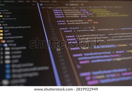 Close-up of source code in a modern code editor highlighting AI chatbot development, software engineering, programming workflow, web application architecture, coding, automation, and digital technology.